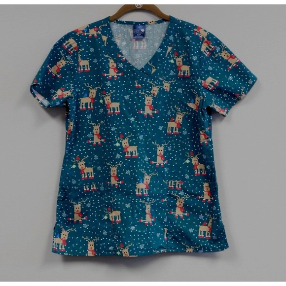 Zoe & Chloe green reindeer scrub top Small - Picture 1 of 4